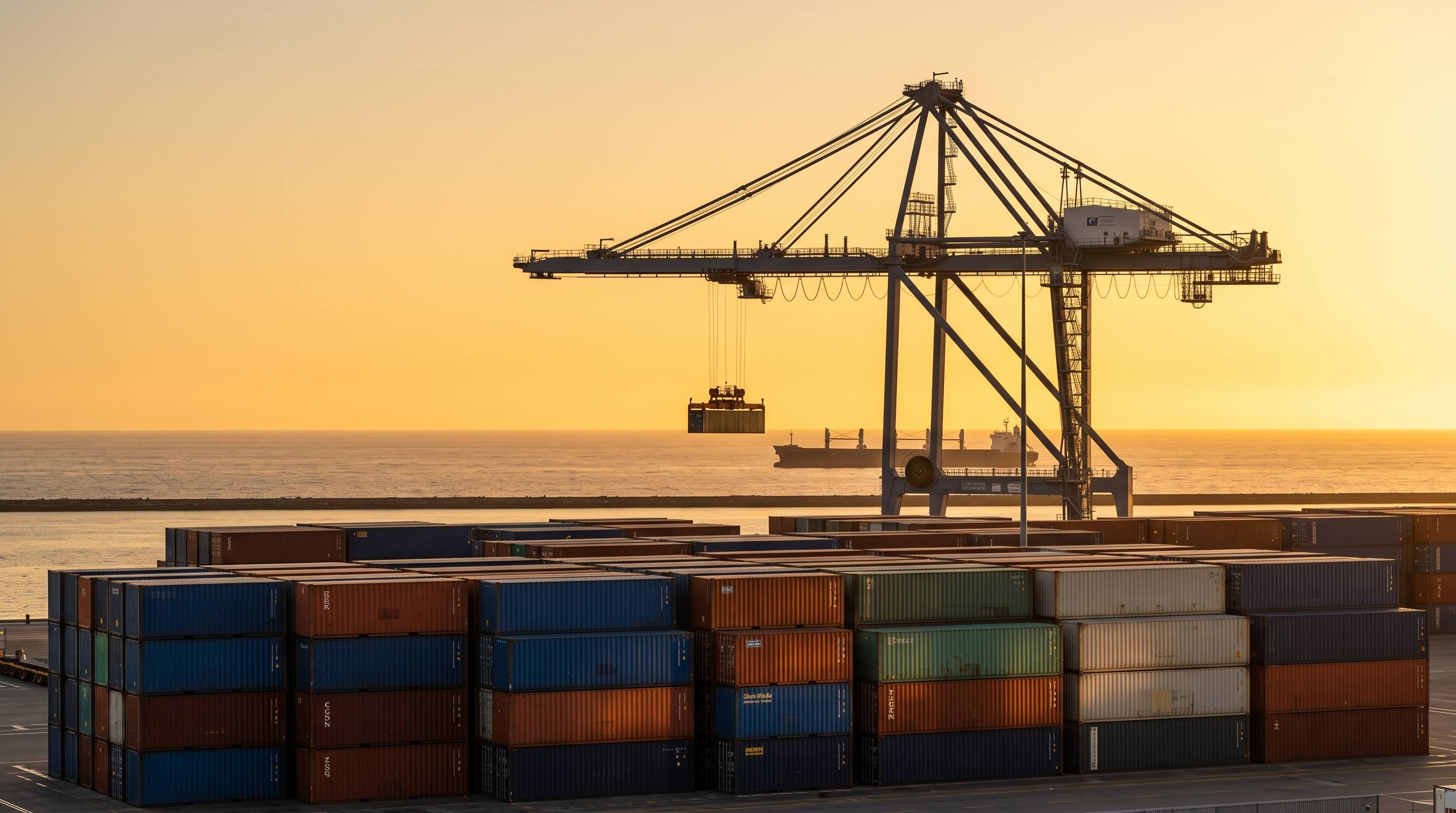 Shipping port at sunset